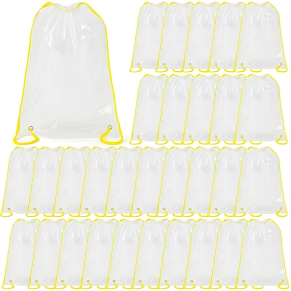 30 Pcs Drawstring Clear Backpack Bulk, Transparent PVC Waterproof Bags for School, Stadium Events, Outdoor Use, Heavy Duty, Adjustable Yellow Straps, Large Capacity, Easy to Clean
