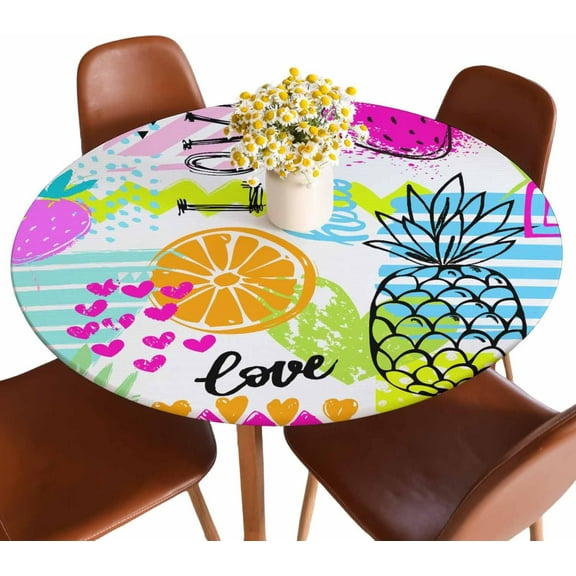 Tropical Fun Pineapples Round Table Cloth Cover Strawberries Oranges Bright Fruit Tablecloth for Indoor Outdoor Picnic Party Fit for 40"-44" Round Tables