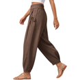 thumbnail image 3 of Zjunqe Summer Lightweight Gauze Linen Pants for Women Smocked High Waisted Wide Leg Flowy Bootcut Trousers Business Casual Pant Relaxed Fit Yoga Lounge Harem Pants Loose Fit Jogger Pants Brown Xl, 3 of 6