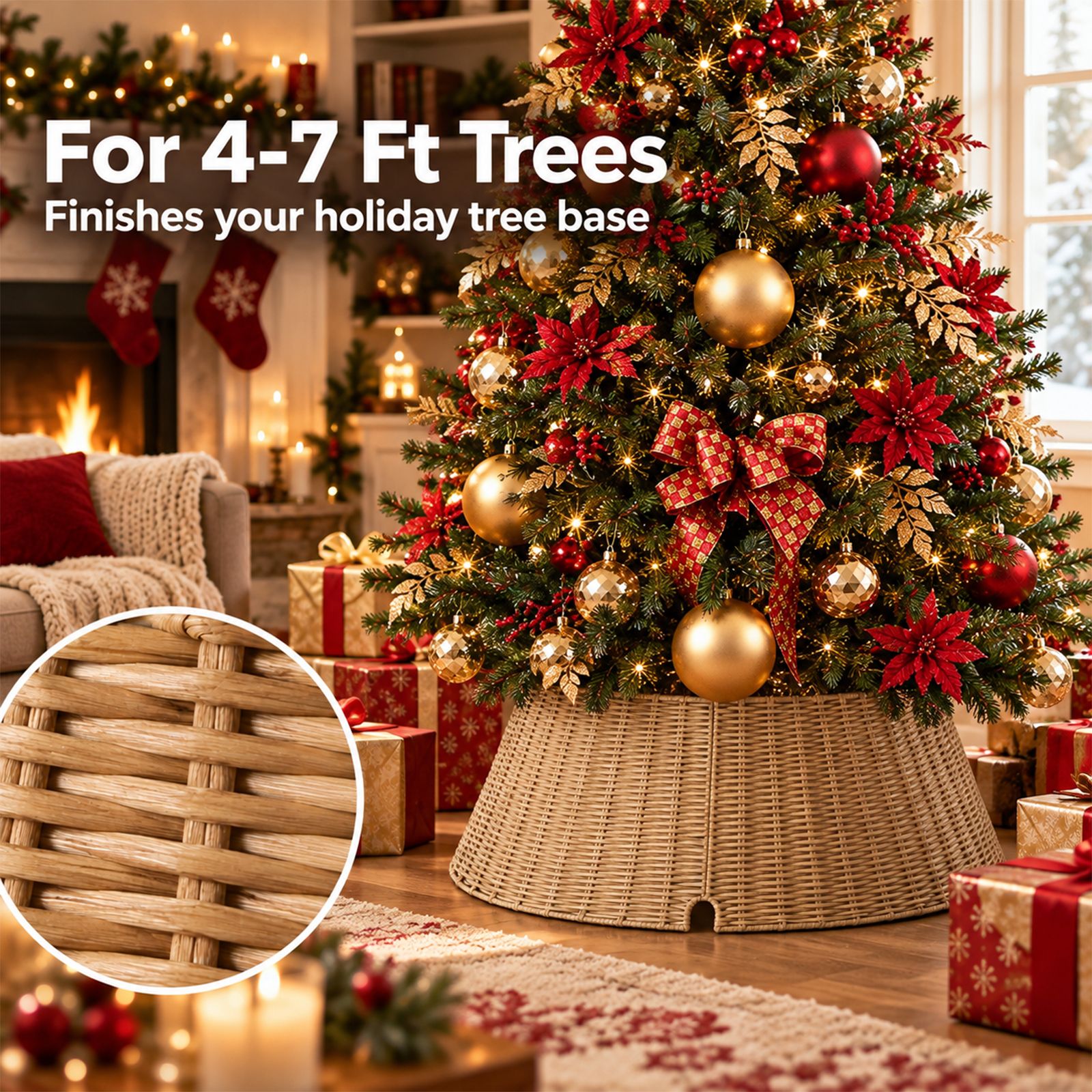 Alvantor Water Hyacinth Christmas Tree Collar, Woven Base Cover, Natural, 19.69 x 27.17 x 10.24 in