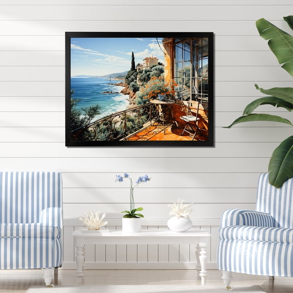Designart "Reflections on French Riviera Beach" Coastal Framed Wall Art Decor - Coastal Orange Coastal Windows Bedroom Framed Canvas Wall Art