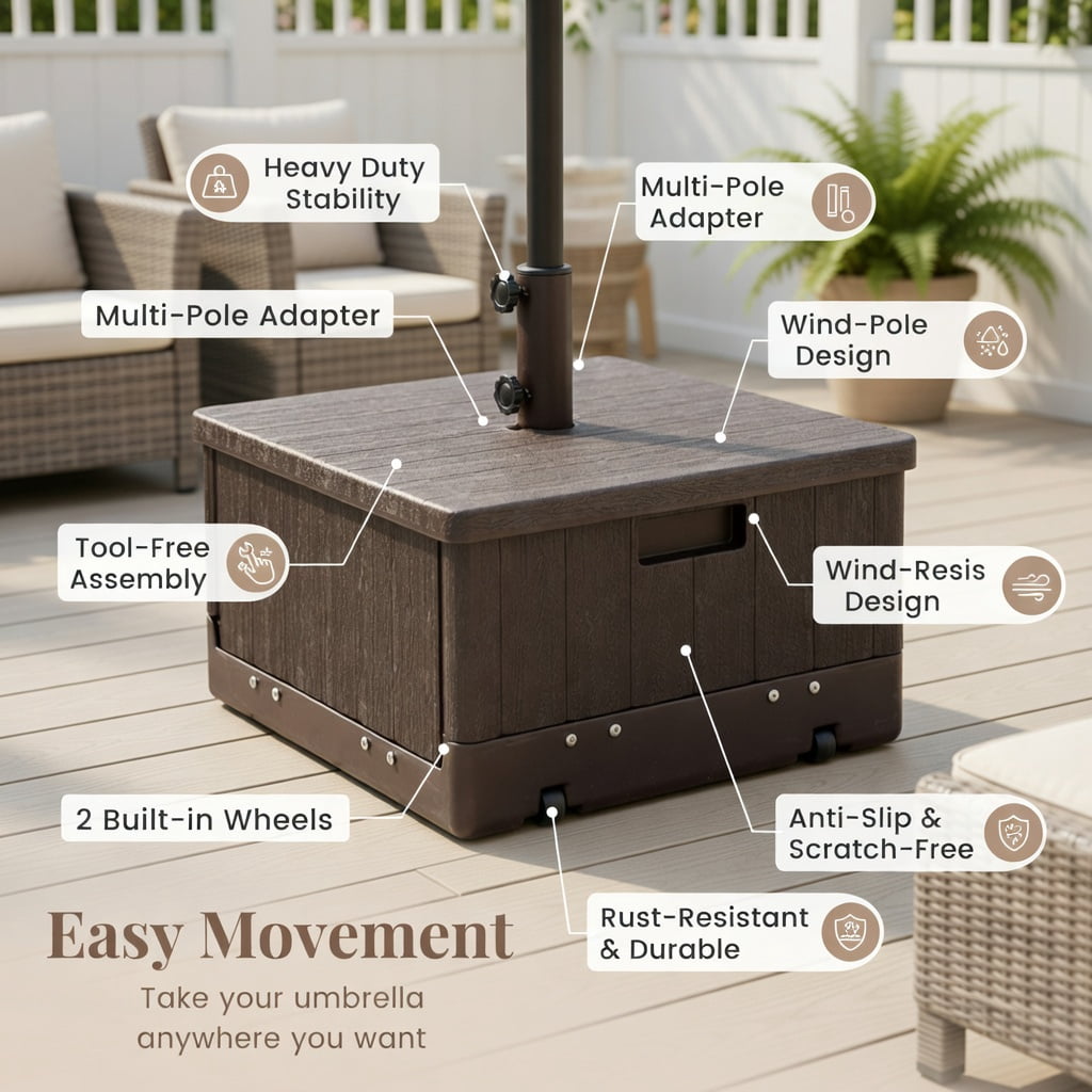 Resenkos Umbrella Base for Patio, Umbrella Stand Outdoor Base,175 LBS Outdoor Fillable Umbrella Base with Table Tray-Brown