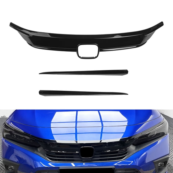 Xotic Tech Exterior Front Bumper Hood Grille Upper Stripe Cover Trim, Glossy Black, Compatible with Honda Civic Sedan 11th Gen 2022 