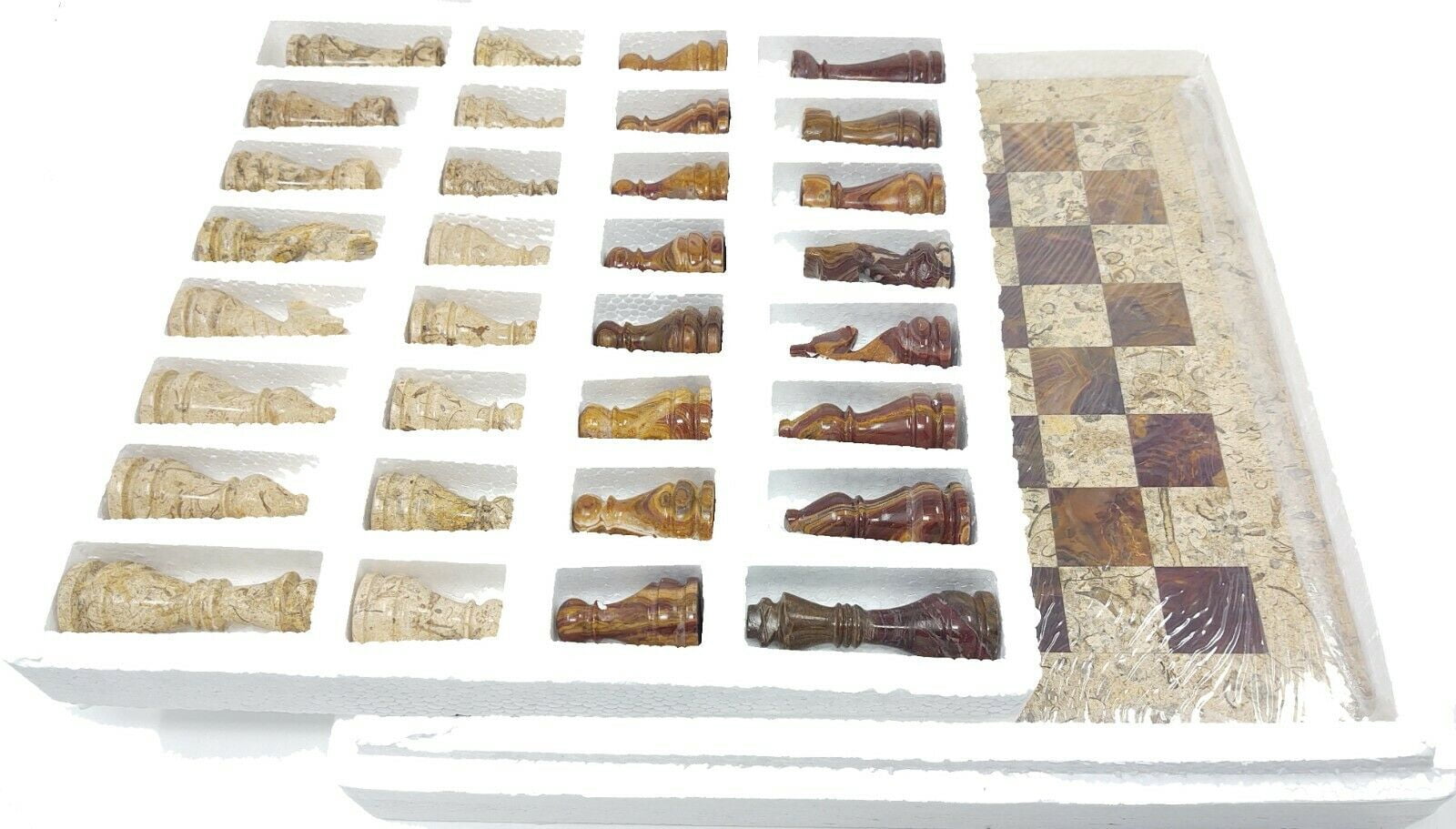 JT Handmade Fossil Coral and Dark Brown / Red Marble Chess Game Set – 12 inch