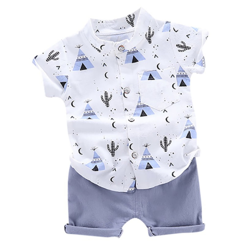 Cute Newbron Toddler Baby Boys Print Summer Clothes Outfits Short Sleeve Top Set 