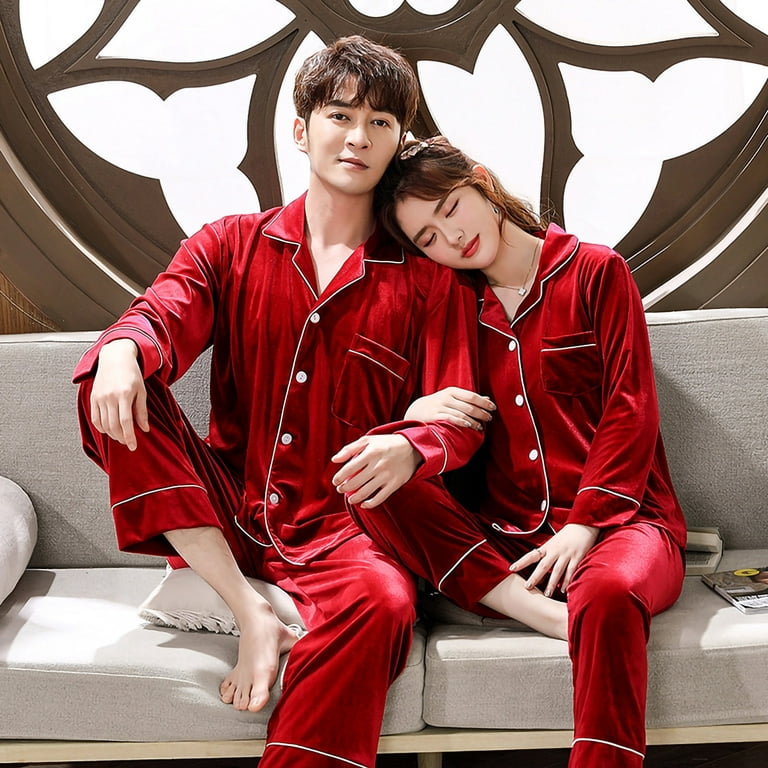 Couples Matching Pajamas Silk Long Sleeve Sleepwear Satin Soft Button Down  Loungewear Pjs Set