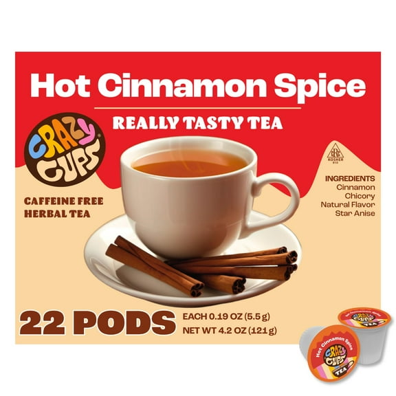 Crazy Cups Hot Cinnamon Spice Herbal Tea Pods, 22 Count | Caffeine Free, Kosher Certified, Warming Cinnamon & Star Anise Blend, K Cup Compatible Pods, Bold Spiced Flavor, Gluten Free, Vegan