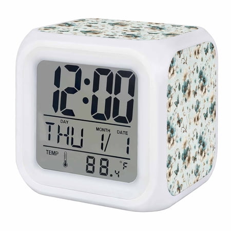 Teal Beige Floral Digital Alarm Clock for Bedrooms, Smart LED Alarm Clock with 7 Color Changing Night Light, Spring Elegant Garden Flowers Blue Silent Wake Up Clocks for Sleep Study Cooking 3.2x3.2