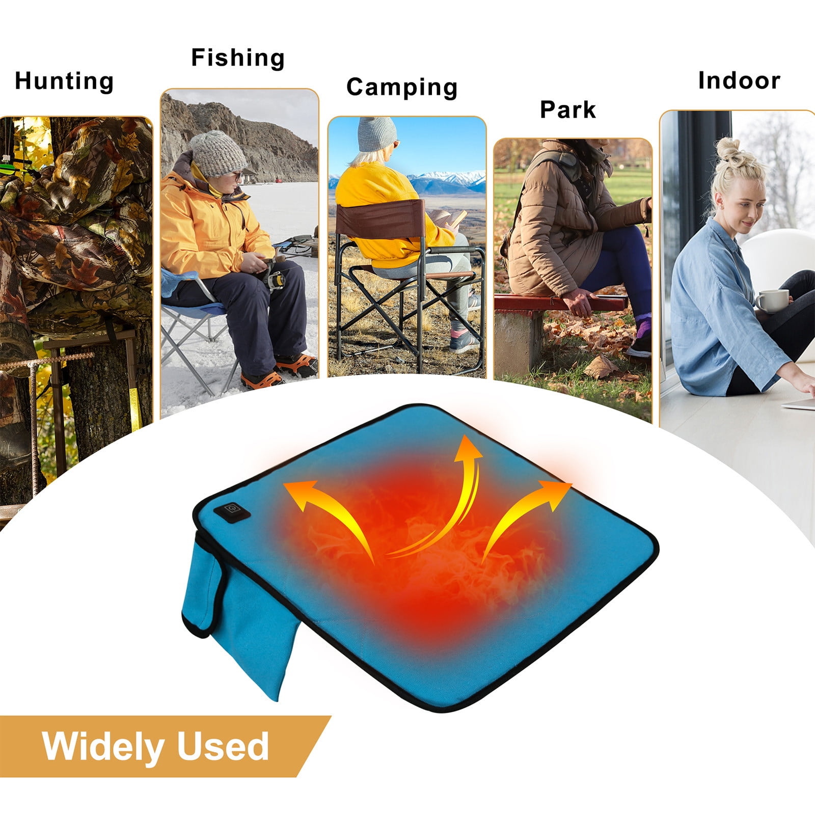 USB Heated Seat Cushion with 3 Temperature Levels, Portable Foldable Heating Pad for Car, Camping, Fishing, Hunting, Indoors, 42.5x42.5cm, Gray/Khaki/Blue/Red