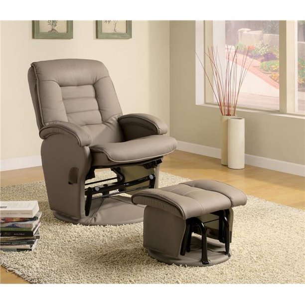 Benzara BM184825 Leatherette Upholstered Metal Swivel Glider Recliner with Ottoman, Beige