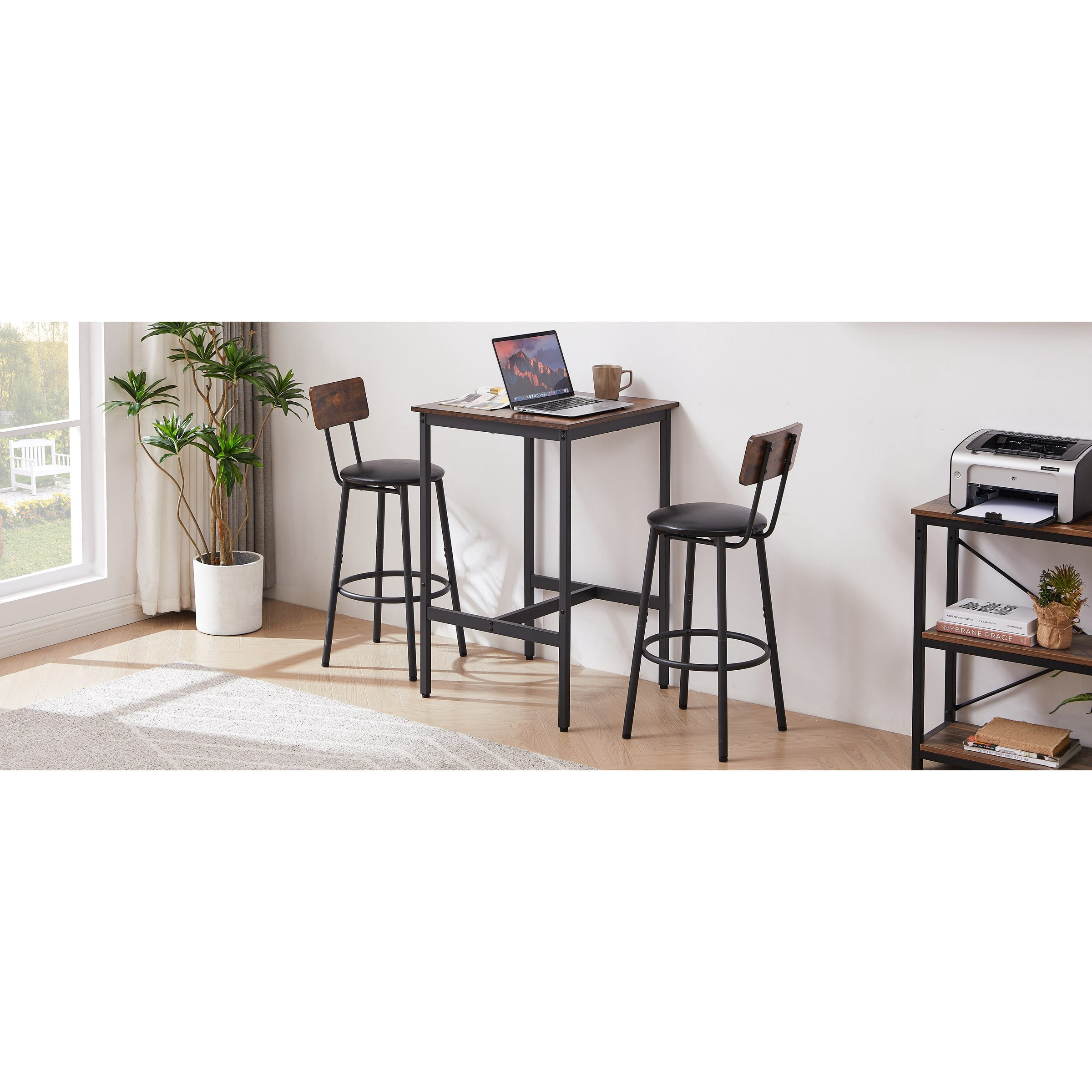 Bar Table Set with 2 Bar stools PU Soft seat with backrest, Rustic Brown, 23.62" W x 23.62" D x 35.43" H