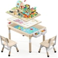 thumbnail image 1 of Juego de mesa multifuncional para niños, 2 sillas, graffiti de doble cara, mesa de bloques de construcción, caja de juego de agua y arena, altura ajustable de 2 a 10 años (marrón), 1 of 2