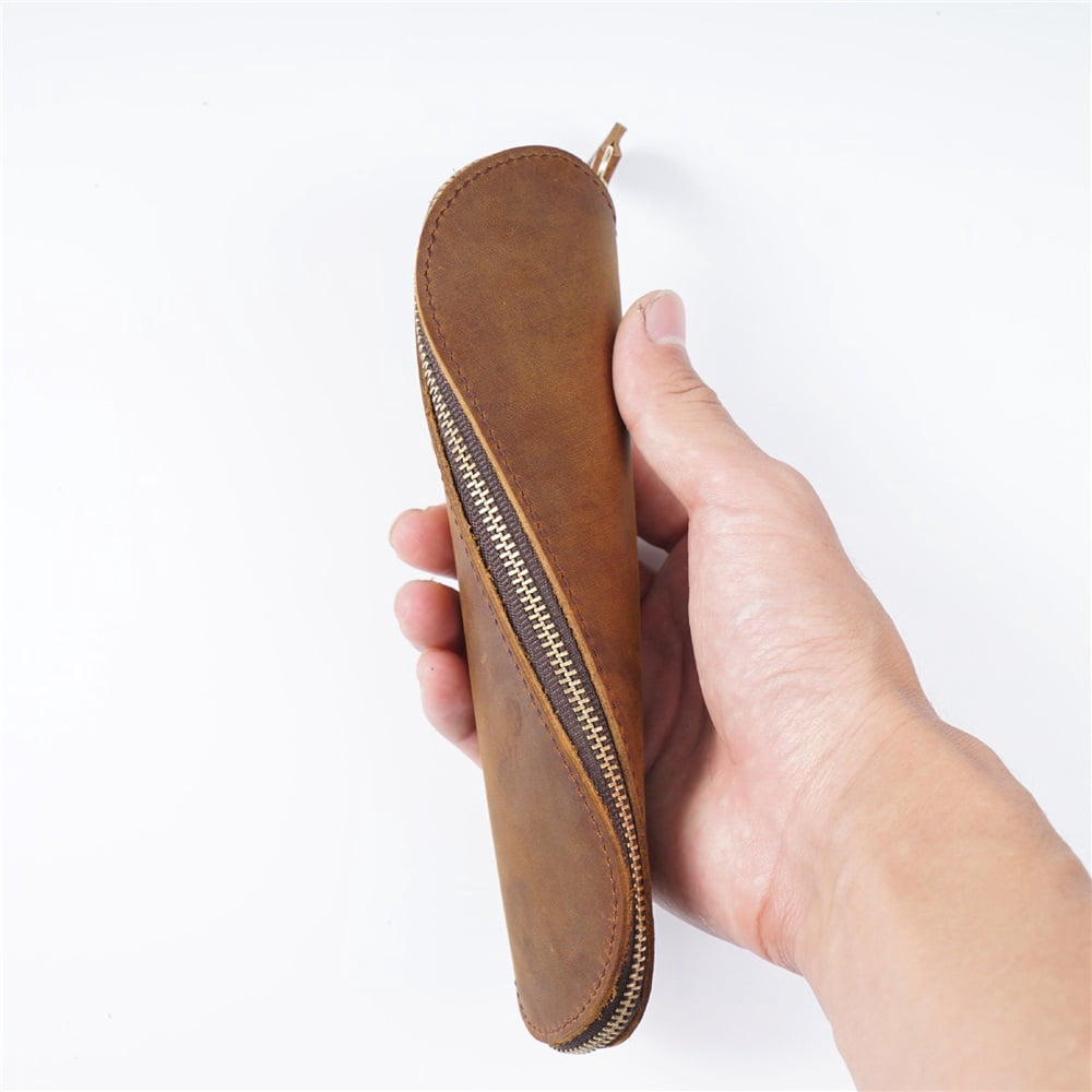 Leather Pen Case Pencil Bag Pouch With Zipper Pen Holders Handmade Genuine Leather For Men Women Businessmen And Artists Home Work Office (Brown,Excluding pencils)