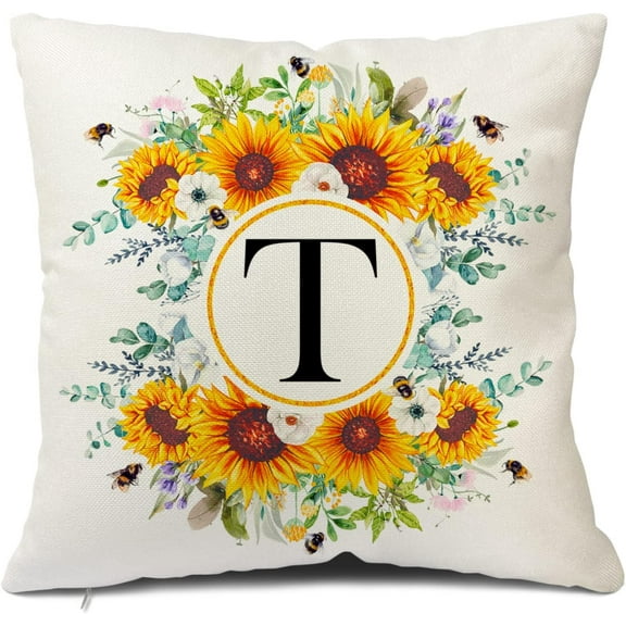 Monogram Letter T Summer Sunflower Throw Pillow Covers 18x18 Inch, Floral Bee Pillows Covers Decorative Family Last Name Initial Throw Pillowcase Decor for Couch Sofa