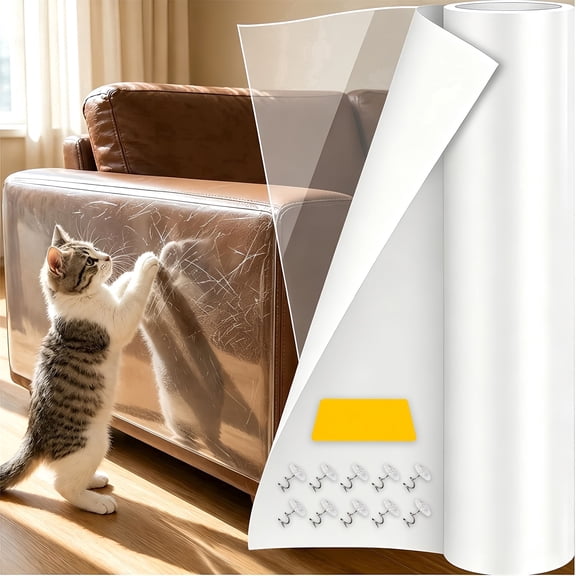 AuraLane Anti Cat Scratch Furniture Protector, 11.8" x 197" Single-Side Leather Couch Scratch Protector with 10 Twist Pins & 1 Scraper for Sofa, Door