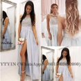 thumbnail image 2 of Vestidos de dama de honor con cuello transparente, azul claro, abertura lateral larga, apliques de encaje de gasa, cuello joya, sin mangas, boda en la playa, personalizado, 2 of 5