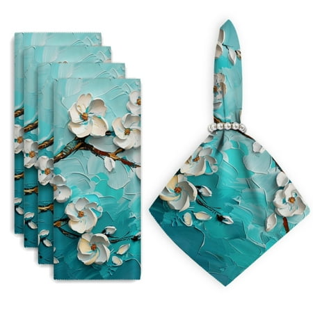 

Bahomeck Napkins Set Of 4 Reusable Washable Square Fabric Dining Table Napkins Weddings Party Dinner Decor 18*18 Inch White Magnolia Flowers On Turquoise Background