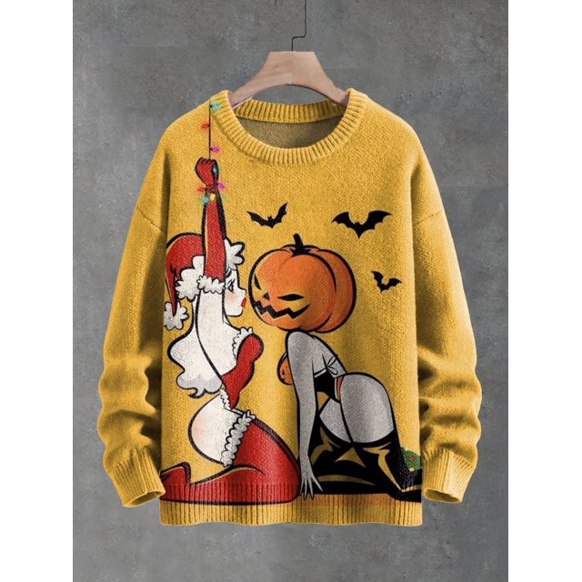 suéter de punto con cuello redondo y estampado 3d de jesús, reyes magos, creencias de la natividad, suéter de punto cálido informal de invierno unisex my31 Suéter mostaza de manga larga, vista frontal centrada; estampado 3D en el torso con figura en traje rojo tipo Santa y figura con cabeza de calabaza jack-o'-lantern, murciélagos pequeños sobre el diseño; tejido de punto de grosor medio con ribete acanalado en cuello, puños y dobladillo, colgado en percha. A menudo usado como suéter temático de temporada casual.