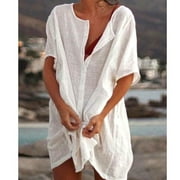 New Women's Casual Summer Loose Solid Color Swimsuit Cover-up Beach Wear Short Sleeve Shirt Plus Size Blouses Single Breasted Blouse