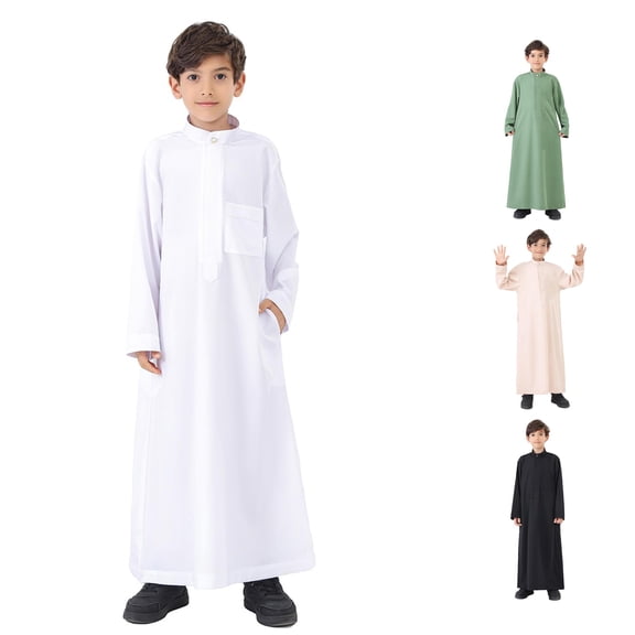 FYDUU Boys Arabic Thobe Long Sleeve Kaftan Crew Neck Robe with Zipper for Kids Boy Ethnic Style Long Robe Solid Color Children's Thobe 13-14 Years