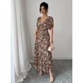 thumbnail image 6 of Chocolate Brown Womens V-Neck Off-Shoulder Puff Sleeve Ruched Waist A-Line Floral Maxi Dress, 6 of 7