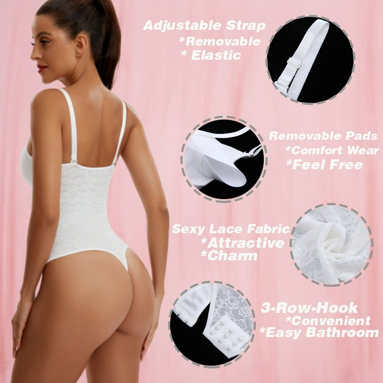 Joyshaper Shapewear Bodysuit for Women with Bra Tummy Control Thong Body  Shaper Sexy Lace Fajas(White-M)