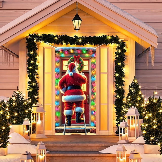 Seyotauo Festive Christmas Santa Claus Door Banner Decorative Polyester Holiday Door Cover with Santa and Wreath, Perfect for Indoor and Outdoor Christmas Decorations 71 x 35 inch