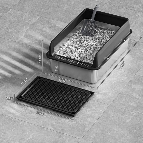 Jumbo Stainless Steel Cat Litter Box - 8" Deep, Non-Stick, Leakproof with Lid, Mat & Scoop for Large Cats