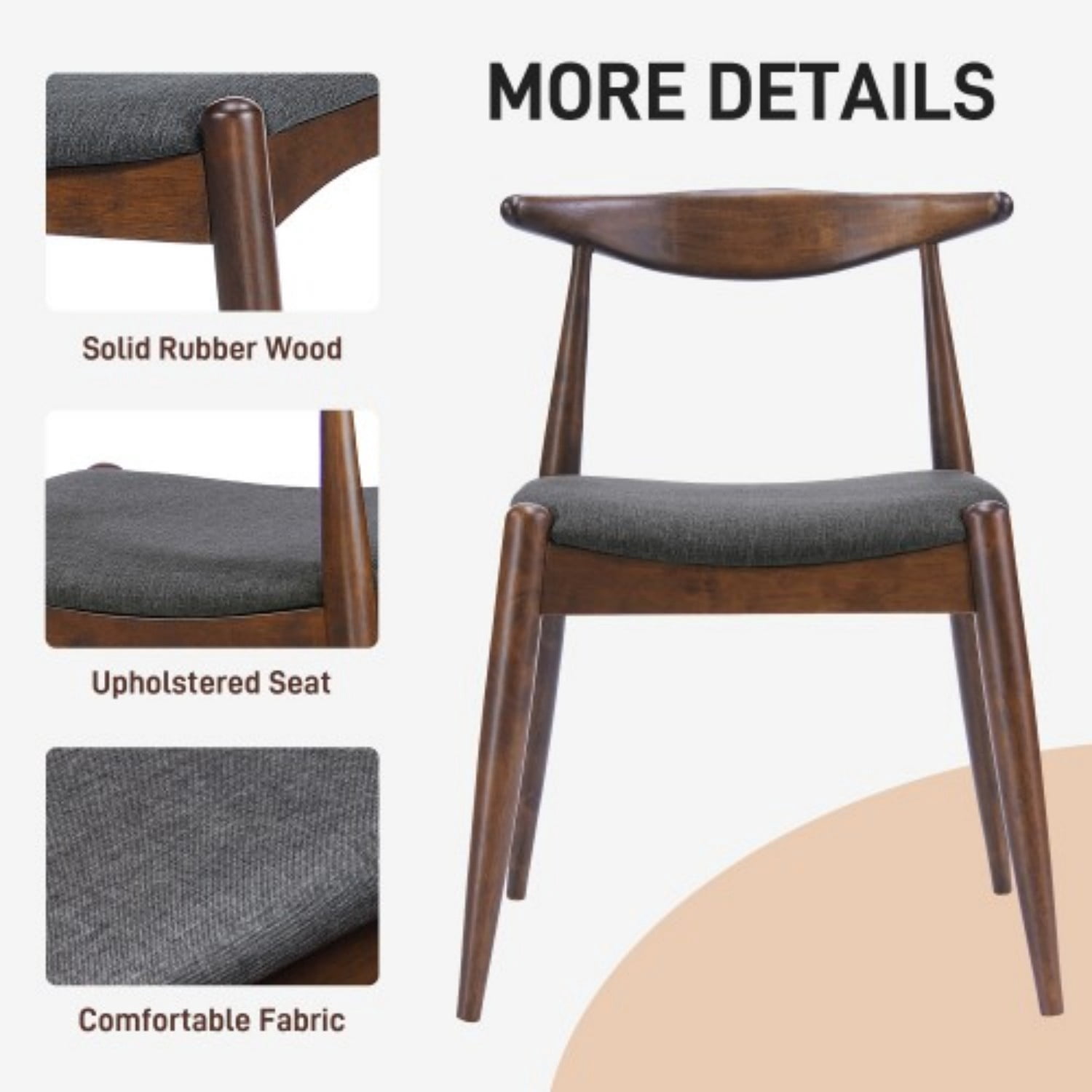 Set of 2 Rubberwood Dining Chairs with Ergonomic Backrest, Upholstered Cushion Seats & Solid Wood Frame, Mid-Century Dining Room Chairs, Walnut, Charcoal