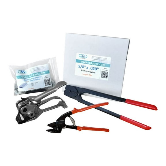 IDL Packaging 5/8" x 200 ft. Steel Strapping Kit for Round Packages, 1400 lbs. Break Strength - Include Consumables for up to 100 Strapping Cycles