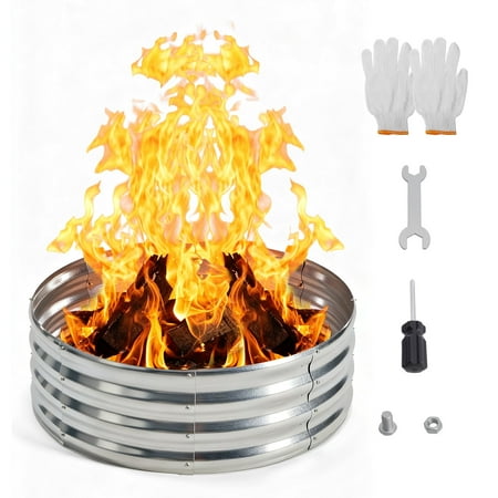 EDX 3FT Diameter Camp Fire Ring Pit, Large Round Galvanized Steel Fire Pit, Heavy Duty Steel Fire Pit Silver for Backyard, Camping, Bonfire