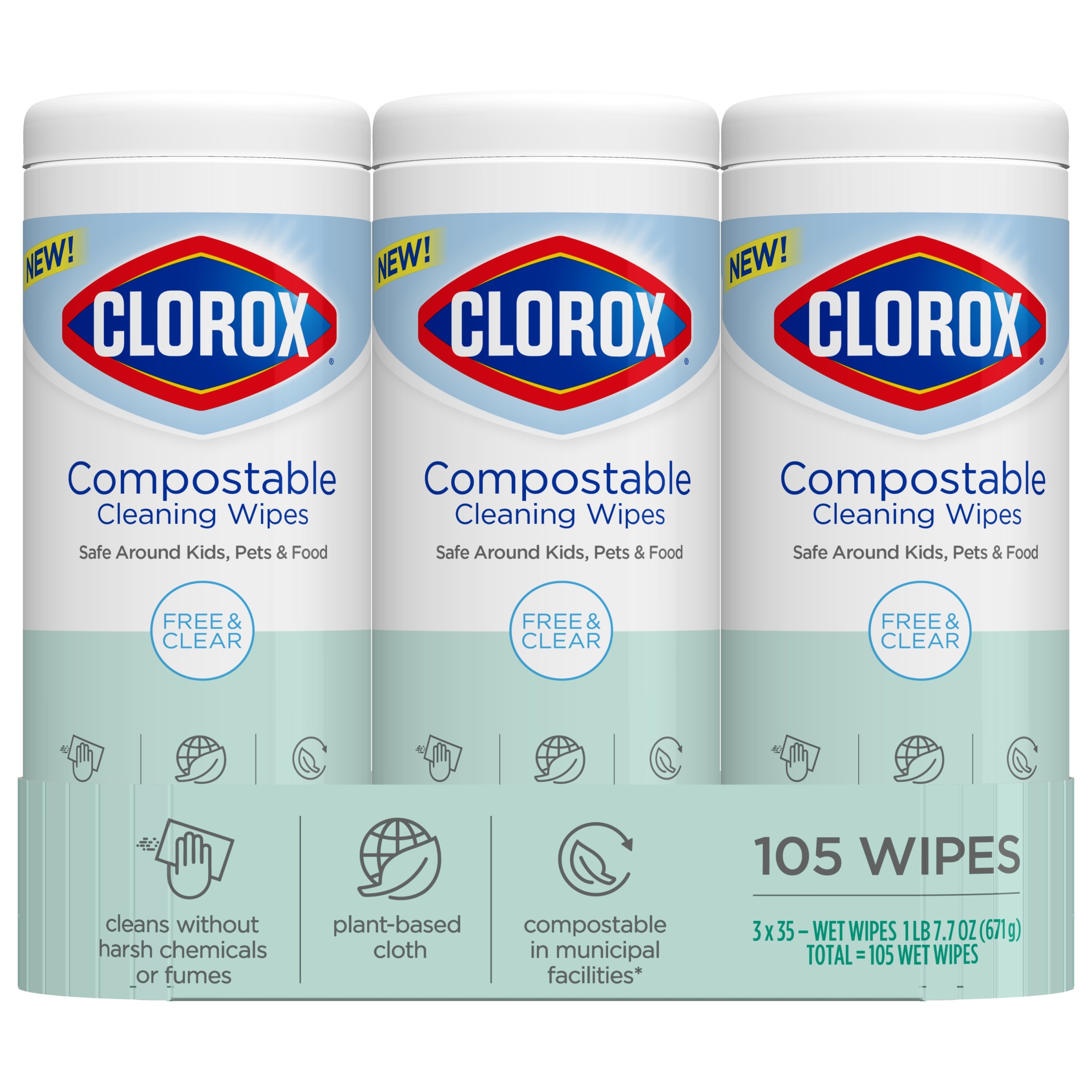 Clorox Compostable Cleaning Wipes - All Purpose Wipes - Unscented, Free & Clear, 35 Count Each - Pack of 3 - image 3 of 12