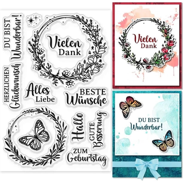 Sellos transparentes con frases en alemán y corona de flores para scrapbooking DIY. Sellos de silicona transparentes con palabras emotivas en alemán.