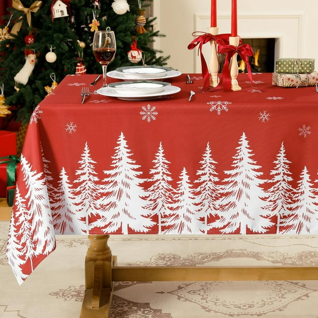 Christmas Tablecloth Rectangle 60x120 Inch, Winter Xmas Trees Red Table Cloth, Stain Resistant Farmhouse Fabric Table Cover for Holiday, Dinner, Party