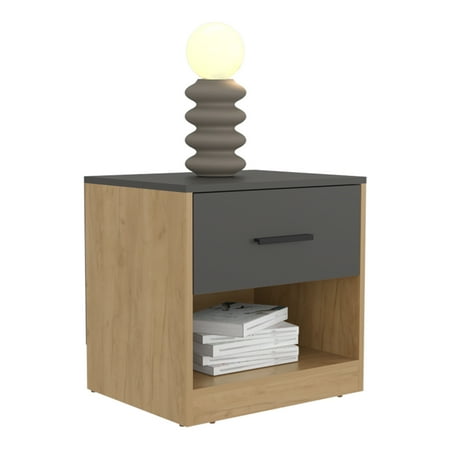 Nightstand with Drawer and Open Shelf Engineered Wood End Table in Matt Grey and Macadamia Finish Modern Bedside Storage Table for Bedroom and Living Room Kemp Mill Collection