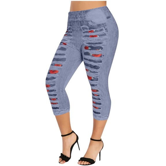 Yuanlook Womens Plus Size Distressed Print Capri Leggings High Waisted Casual Daily Party Cropped Trousers Size S-5XL
