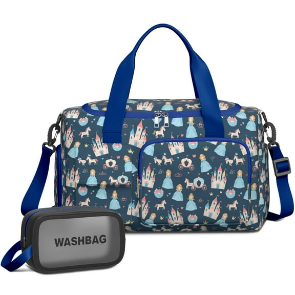 Women Men Gym Bag,Dark Blue Princess Castle Pattern Small Duffle Bag Spend the Night Bags for Women with Shoes Compartment Washbag,Detachable Shoulder Strap,19.7x8.3x11 Inches