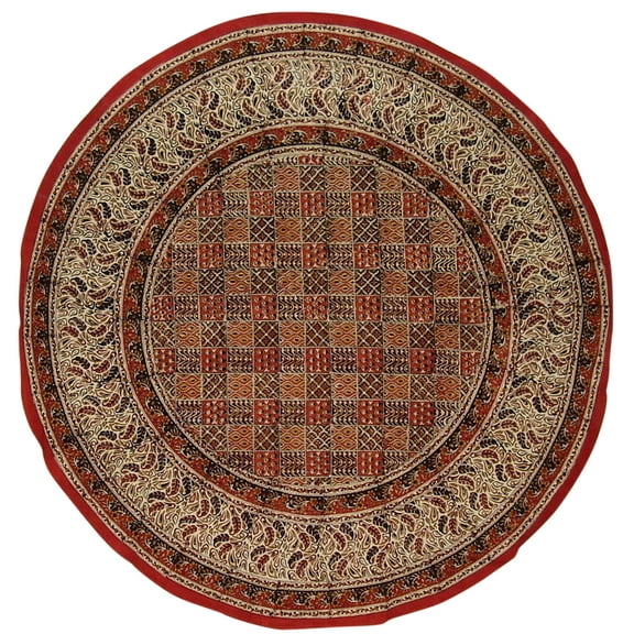 Kalamkari Block Print Round Cotton Tablecloth 72" Multi Color