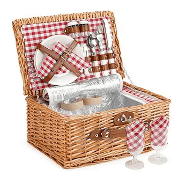 Basket for 2 Person, Willow Hamper Basket Sets with Insulated Compartment, Handmade 2 Person Picnic Basket Classical Red Check with Utensils Cutlery Perfect for Picnic, Camping