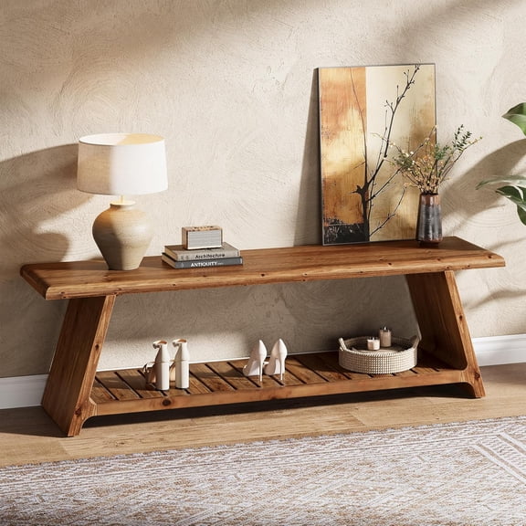 Finmind 63" Solid Wood Entryway Bench, End of Bed with Storage for Hallway, Brown