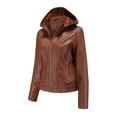 thumbnail image 2 of Juebong Women's Faux Leather Hooded Jacket Coat Motorcycle Biker Zip Up Outwear Plus Size Female Coat Basic Streetwear Fashion Detachable Hood Plush Jacket with Pockets, Brown, S, 2 of 9