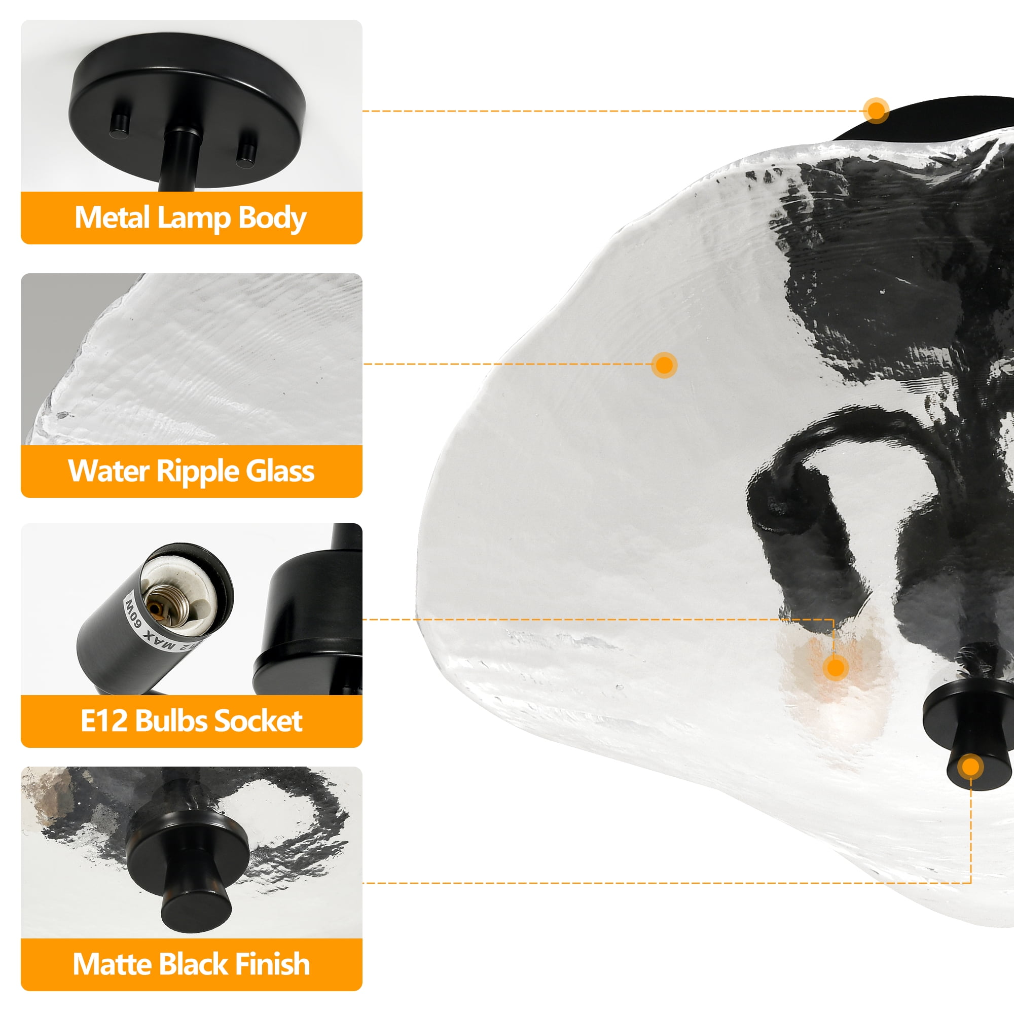 16.5 in. 2-lights Black Flush Mount Ceiling Light Fixtures with Water Ripple Glass Shade