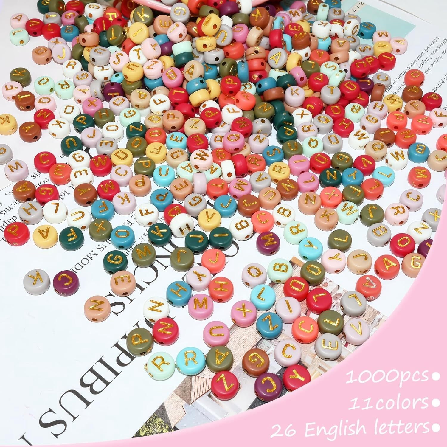 1400 Pieces Round Alphabet Letter Beads A-Z 4x7mm Black Acrylic with Colorful Letter and Crystal Line for Jewelry Making, Style 8