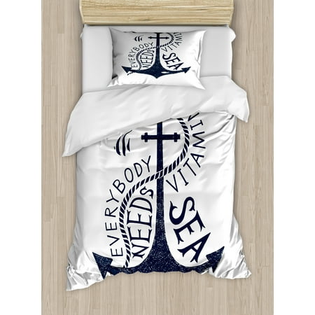- Anchor Twin Size Duvet Cover Set, Hand Drawn Everybody Needs Vitamin Sea Quote Monochrome Fish Silhouette, Decorative 2 Piece Bedding Set with 1 Pillow Sham, Dark Blue and White, by Ambesonne