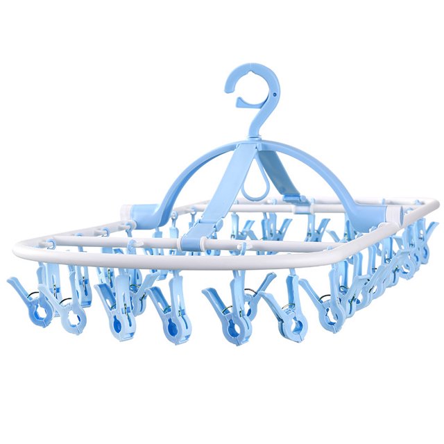 TORUBIA Windproof Clothes Hanger 32 Clips Folding adult Multifunction Clothespin Rack Wardrobe Storage Sock Clothing Hangers Hooks Light Blue