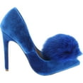 thumbnail image 6 of Liliana Affair Velvet Pointy Toe Stiletto High Heel Fur Pom Slip On Pump Slide Shoe Blue, Blue, 6, 6 of 7