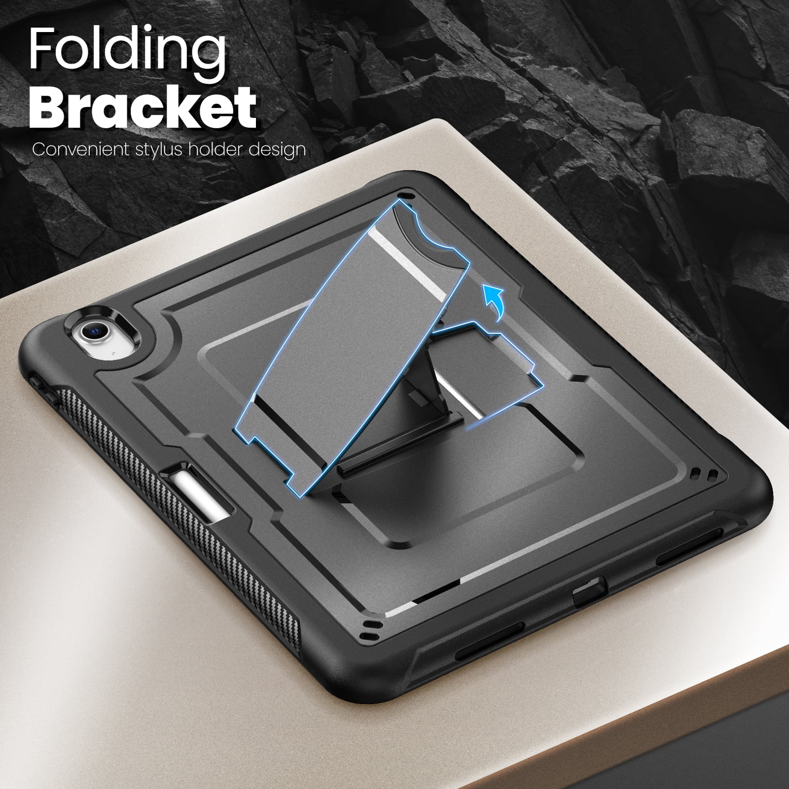 ELEHOLD Rugged Case with Pencil Holder For iPad Air 11-inch M3 (2025) / M2 (2024), Built-in Kickstand Double-Layer Protection Full-Body Shockproof Cover For Apple iPad Air 11 (2025/2024),Black