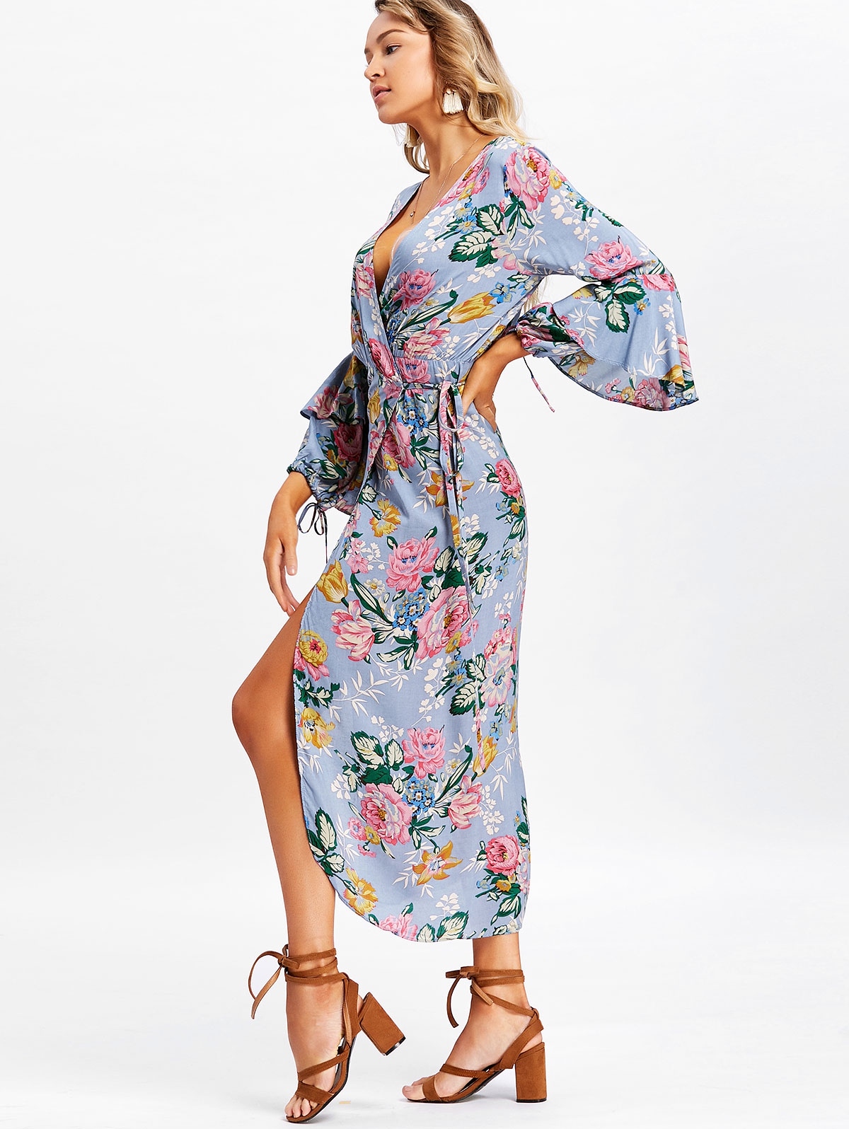 wrap floral long sleeve dresses