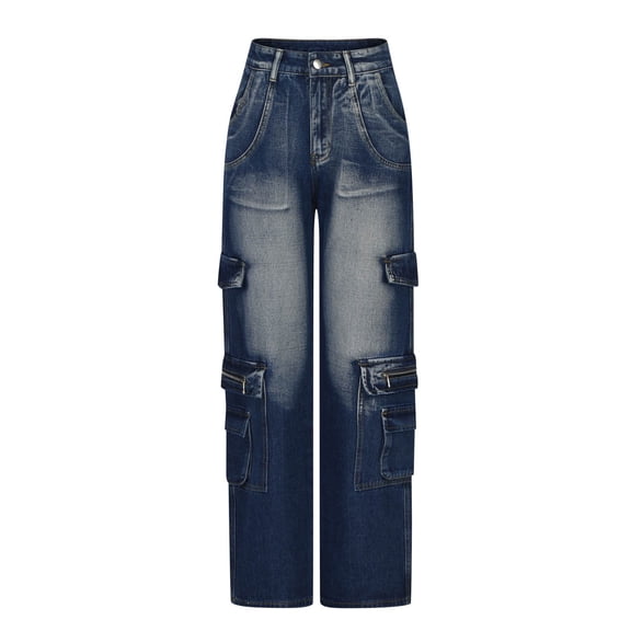 WREESH Womens Jeans Fashion Denim Button Zipper Solid High Waist Pockets Jeans Long Trousers Dark Blue