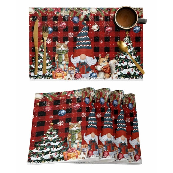 Placemats Set of 6, Christmas Woven Placemat, Linen Place Mats for Kitchen/Dining Tables, Gnomes Poinsettia Pine Tree Red Black Plaid Washable Table Mats for Party